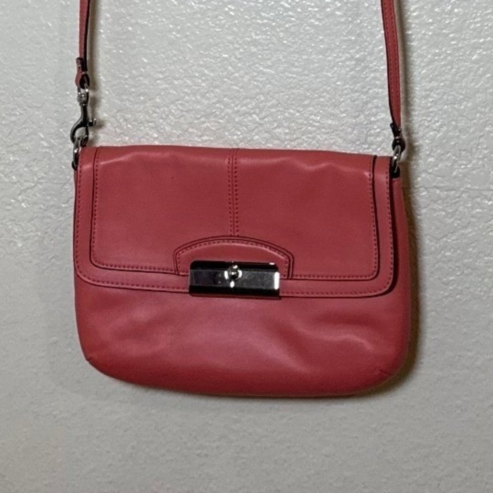 Coach Crossbody Shoulder Bag Women Small Coral Pink Leather Flap Style Preppy - Picture 3 of 9